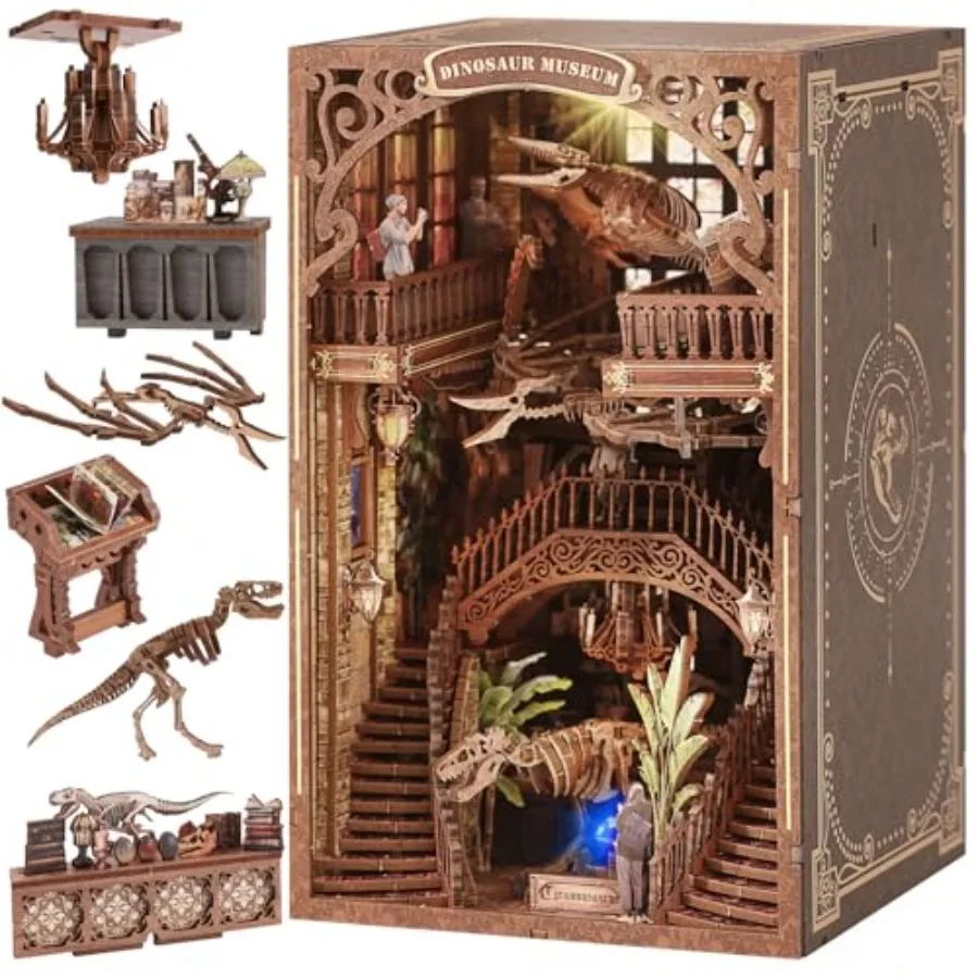 

Dinosaur Museum Book Nook Kit with Dust Cover LED Light 3D Wooden Puzzle DIY Miniature House Building Kit Toy Brown Birthday Gi