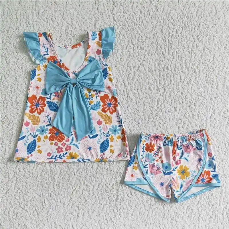 

GSSO0098 girls pink flower small flying sleeve top pink shorts
