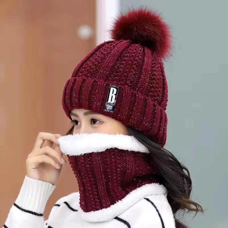 Neck Hat Set Warm Winter Knitted Hat Women Brand High Quality Winter Women Ball Ski Wool Fur Hats Pompoms Hats Knitted Scarf