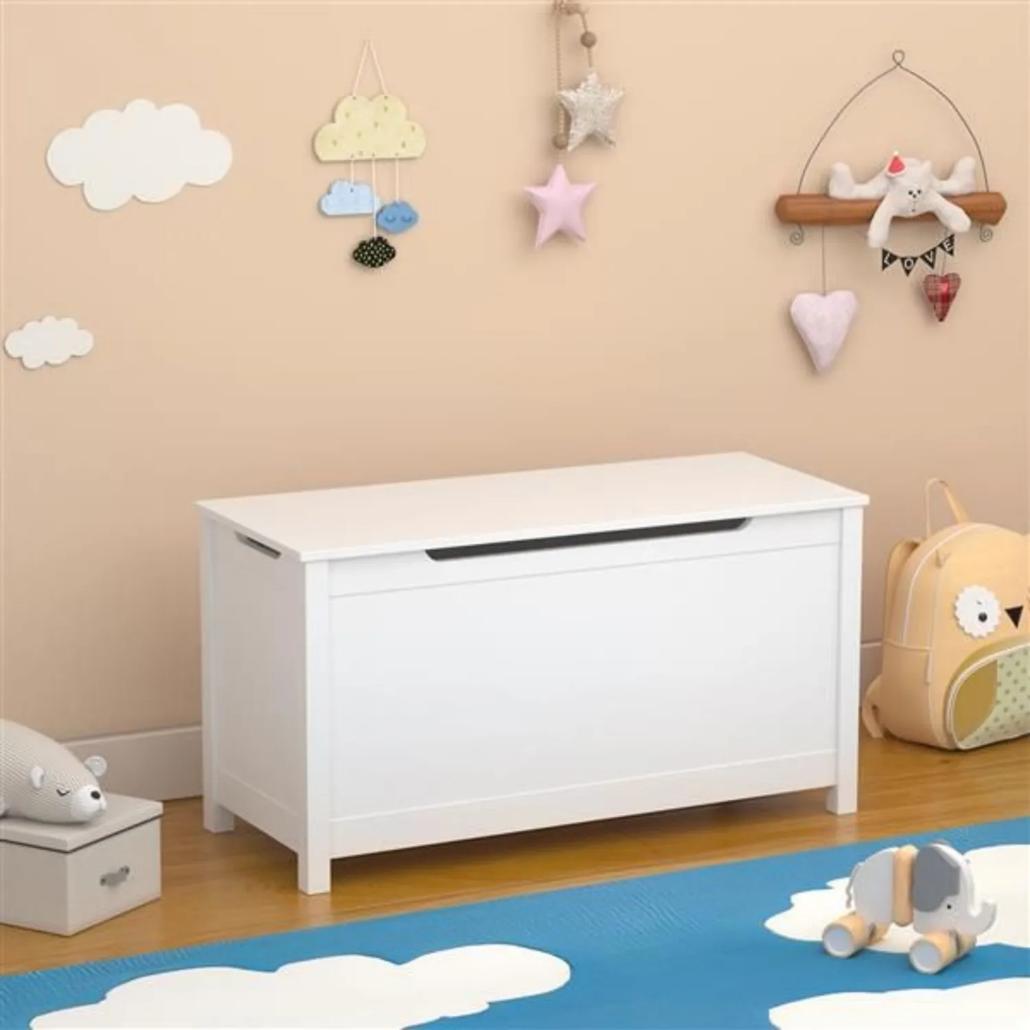 

Wooden Toy Box with Safety Hinged Lid for Ages 3+ (White)