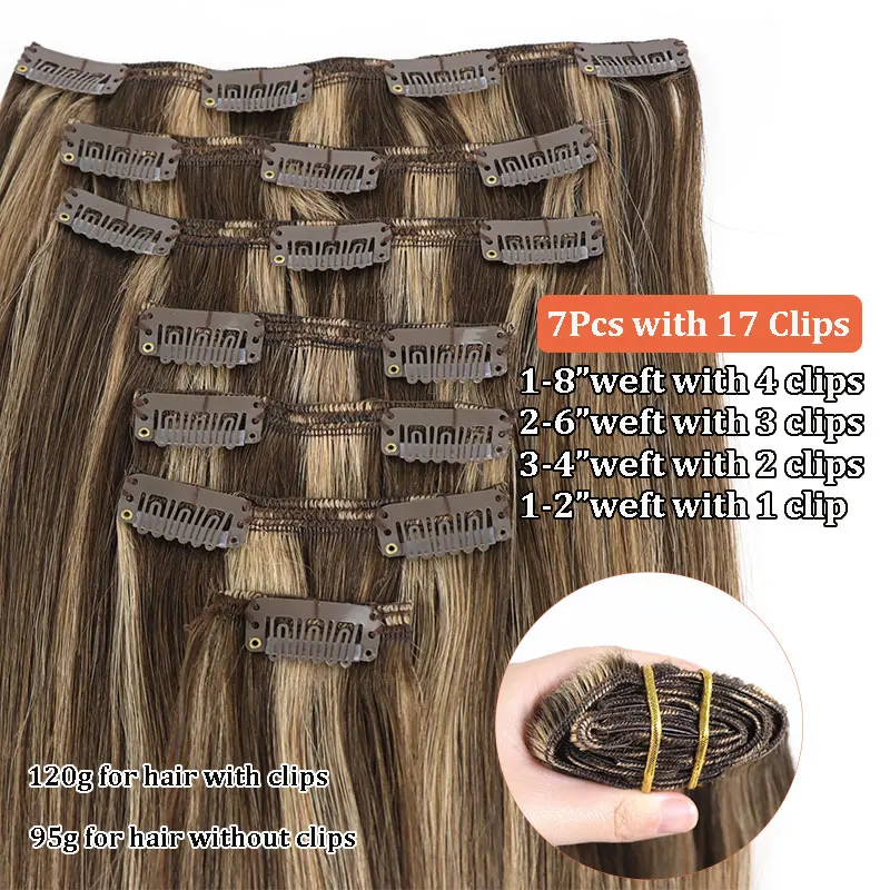 Extensiones con clip rubias de cabello humano, invisibles, #4/27 balayage con reflejos castaños, para mujer, 7 piezas por paquete, 120g 2