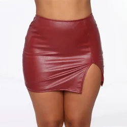 Fashion Bodycon Black Mini Sexy Skirt Leather Side Split Women High Waist Package Hip Pencil Clubwear Skinny Solid Red