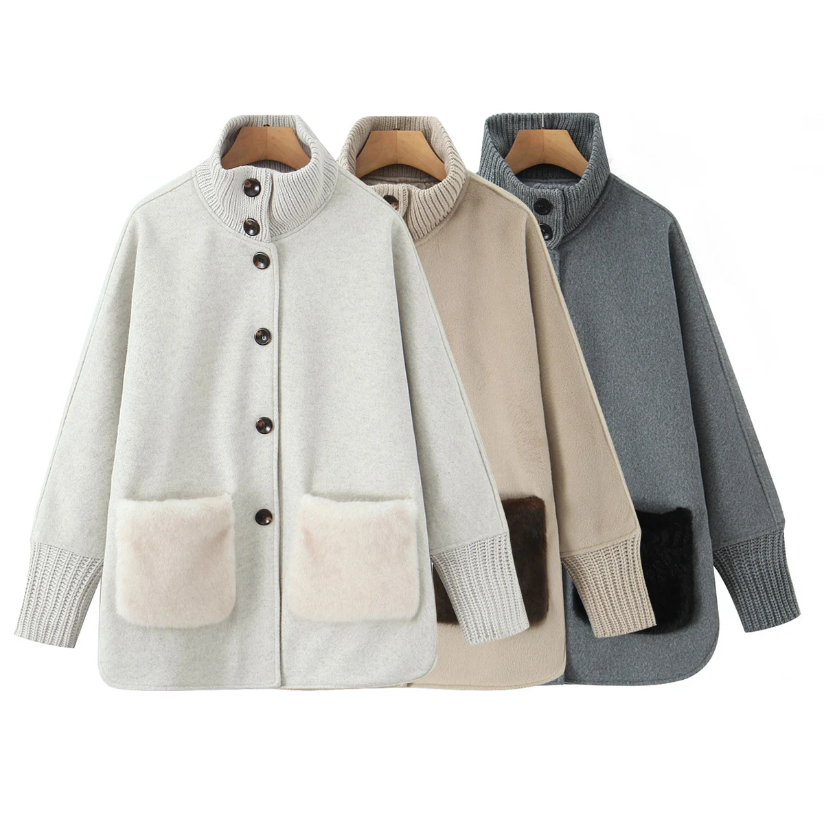 3 ألوان جديد الخريف الشتاء رمادي أشعث فو الفراء الجبهة جيب معطف الصوف المرأة الوقوف طوق أزرار مفتوحة ميدي خندق ملابس خارجية #2