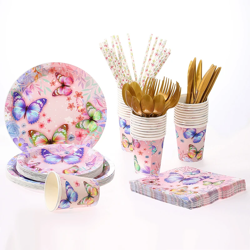 192pcs/set 24Persons Mermaid/Unicorn/Rainbow/Butterfly Party Paper Plate Set Element Disposable Birthday Venue Layout image 5