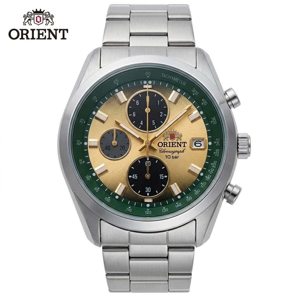 Japan Orient Men's Sports Quartz Chronograph Watch, Tachymeter Scale Date Display 100M Waterproof Stainless Steel Wristwatch