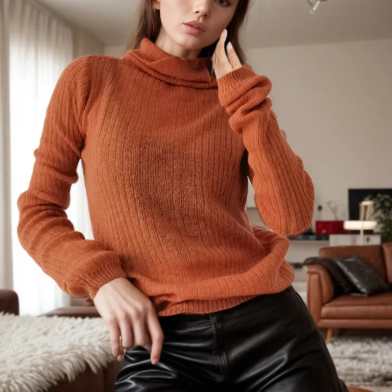 

Simple All-in-one Bottom Shirt Women's New Autumn Half High Sea Sea Horsehair Solid Color Knit Sweater Blouse