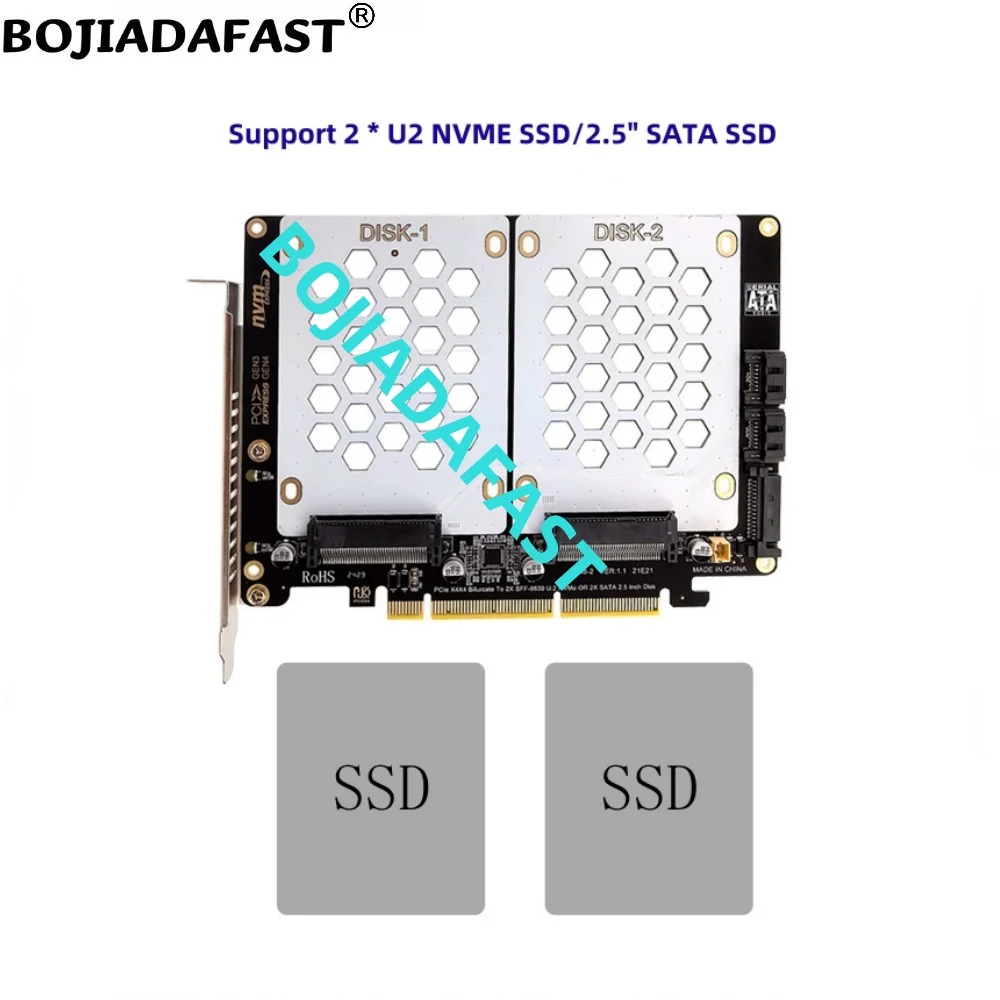 PCI-E 4.0 8X To 2 x U.2 SFF-8639 Adapter Expansion Card For U2 NVME & 2.5" SATA SSD- Motherboard Support PCIe x4x4 Bifurcation