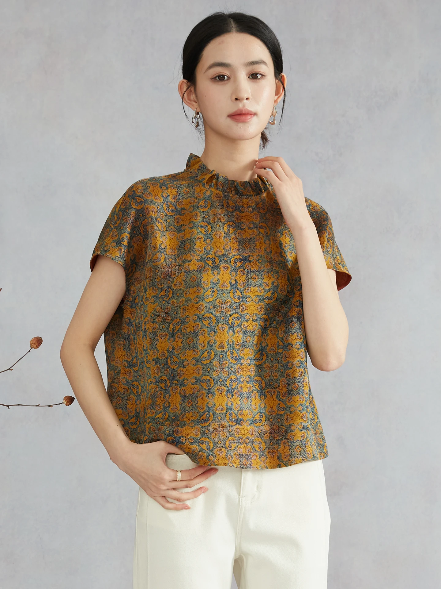 

Special Offer 100% Silk T-Shirt Stand Collar Short Sleeve Traditional Chinese Style Earmuff Floral Print Women's Top