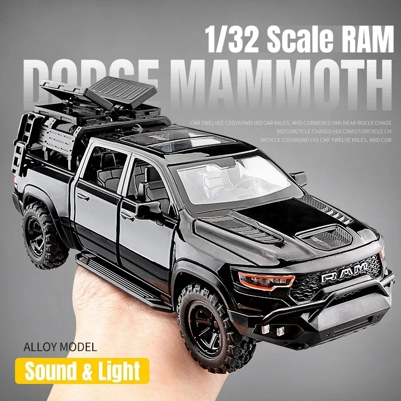 1:32 Dodge RAM Mammoth Pickup Truck Off Road Alloy Toy Car Model Sound & Light Pull Back Collection Gift For Boys Children Kid