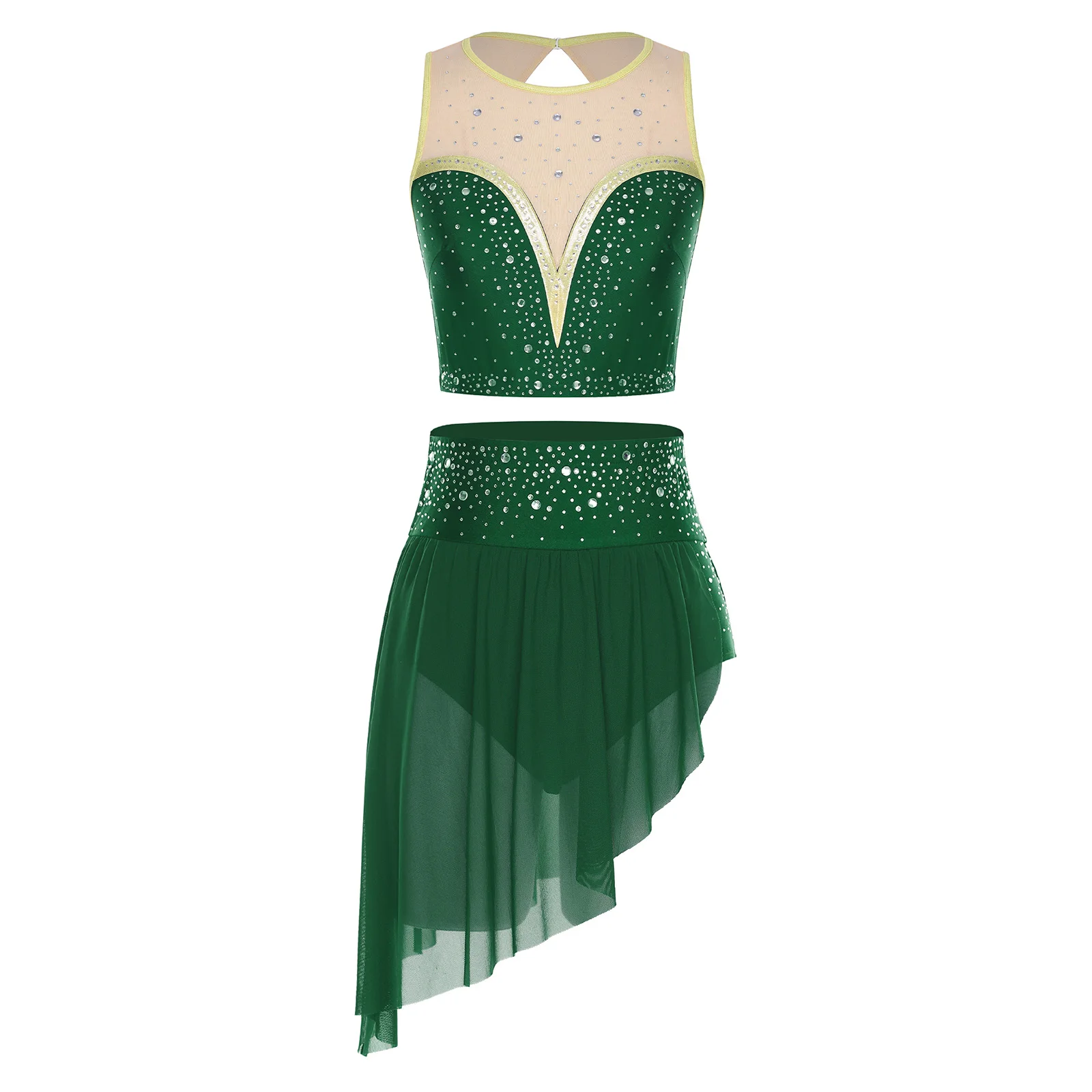 

Womens Lyrical Dance Outfits Sleeveless Back Hollow Out Latin Crop Tops And Skirt Shiny Rhinestone 2-piece Modern Dancewear