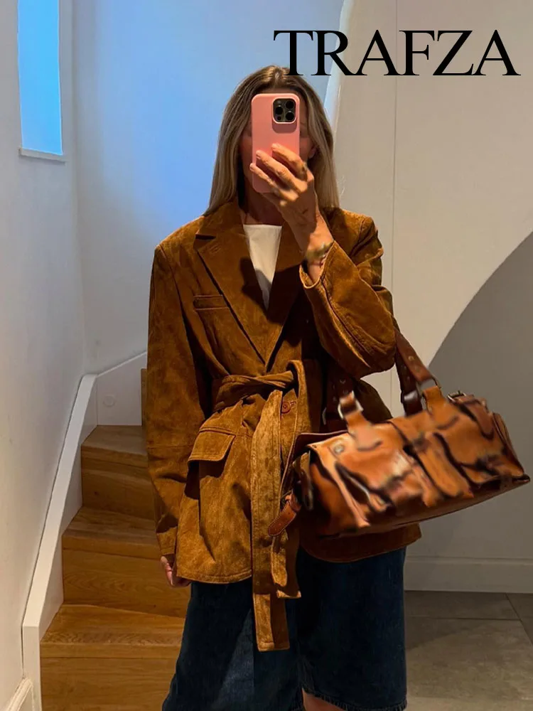 

TRAFZA 2025 Women Fashion Long Sleeves Jacket Solid Turn-Down Collar Lace-Up Decoration Pockets Button Female Autumn Casual Coat