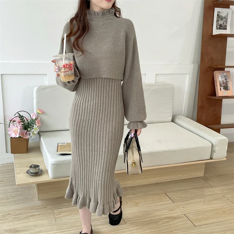 Women's Knitted 2-Piece Set Autumn Elegant V-Neck Short Sleeve Cardigan + Elastic Waist Fishtail Knitted Dress Suit Female