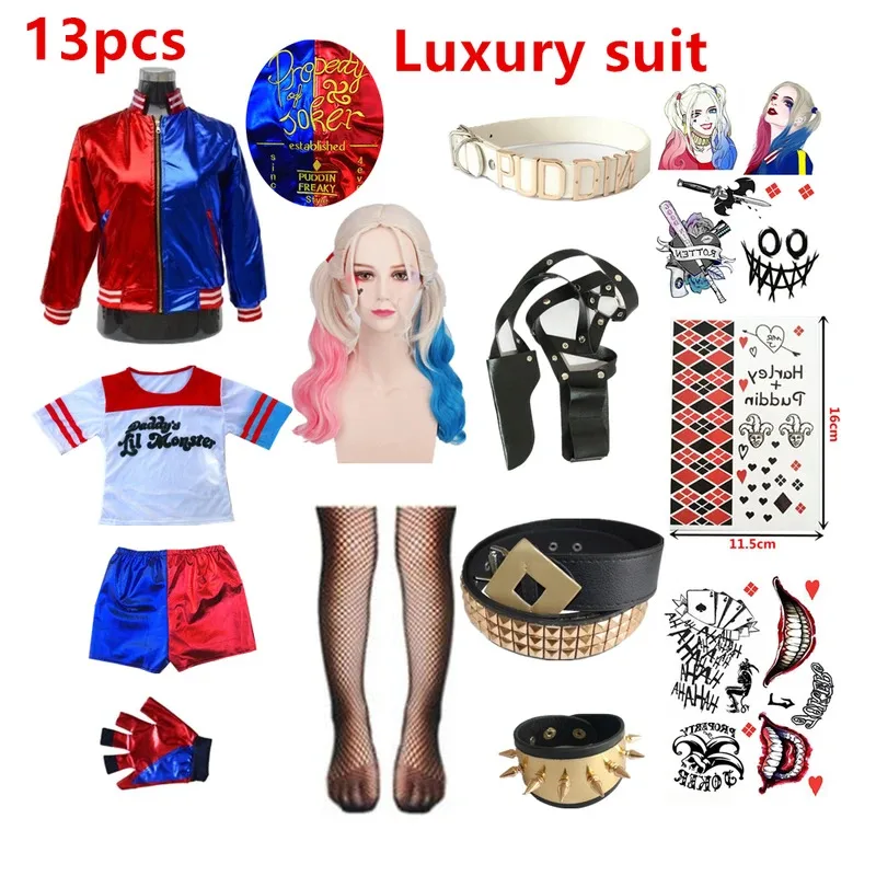

Kids Girls Suicide Harley Cosplay Costumes Squad Quinn Embroidery Jacket Pants All Sets Carnival Christmas Party