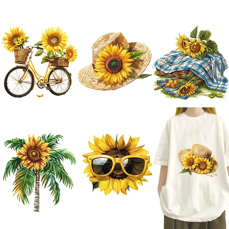 

Summer watercolor sunflowers DTF Thermo Sticker Decals Heat Transfer On Clothes Iron On Patch For Hoodies Press Printing