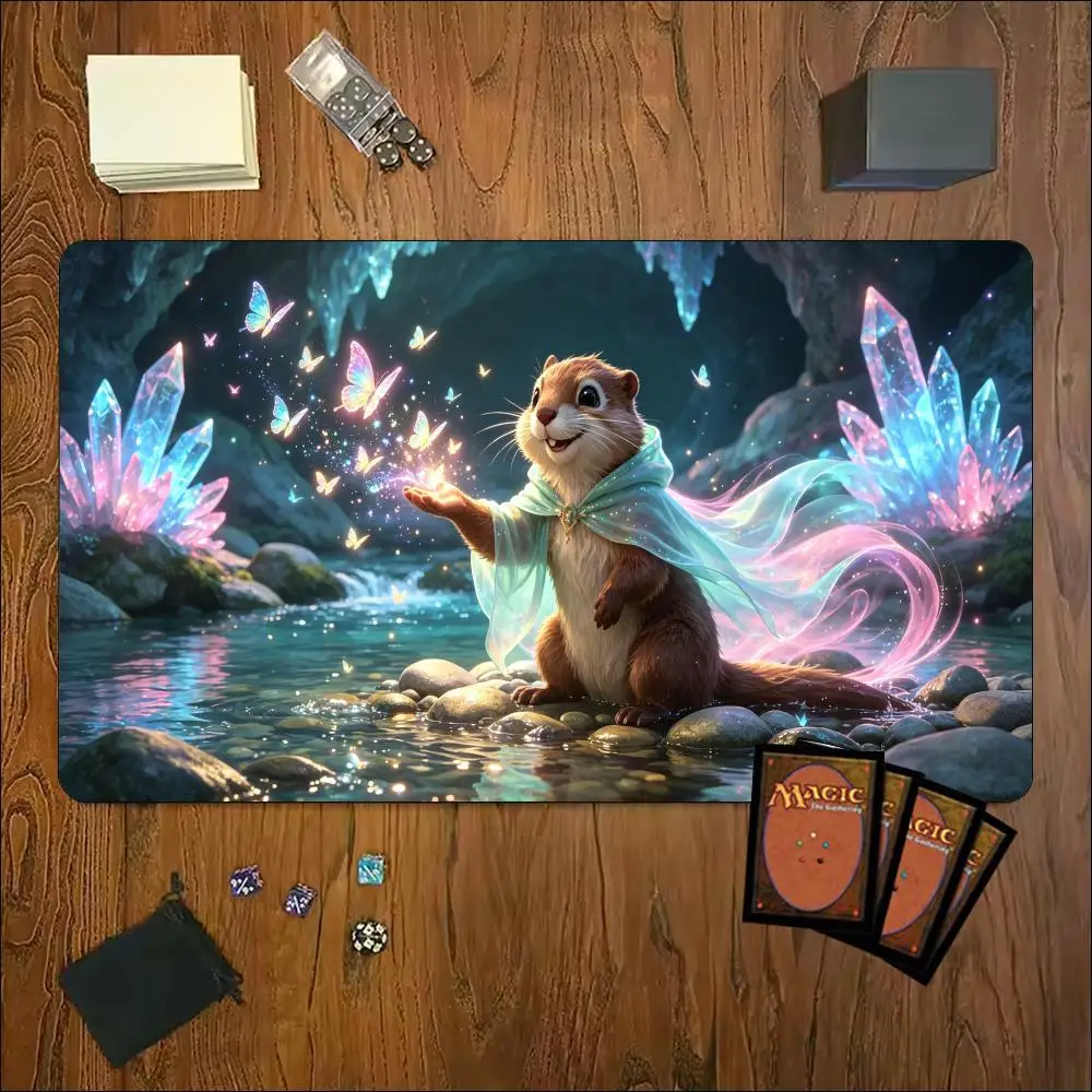 Magic Forest Wizard Squirrel Large Tabletop Playmat Non Slip Rubber Mat Fantasy Glow Art Pad ForTrading Card Board Game Desk Pad