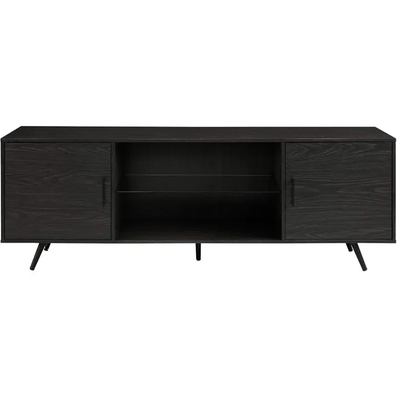 Walker Edison Saxon Mid Century Modern 2 Door Glass Shelf TV Stand for TVs up to 80 Inches, 70 Inch, Graphite