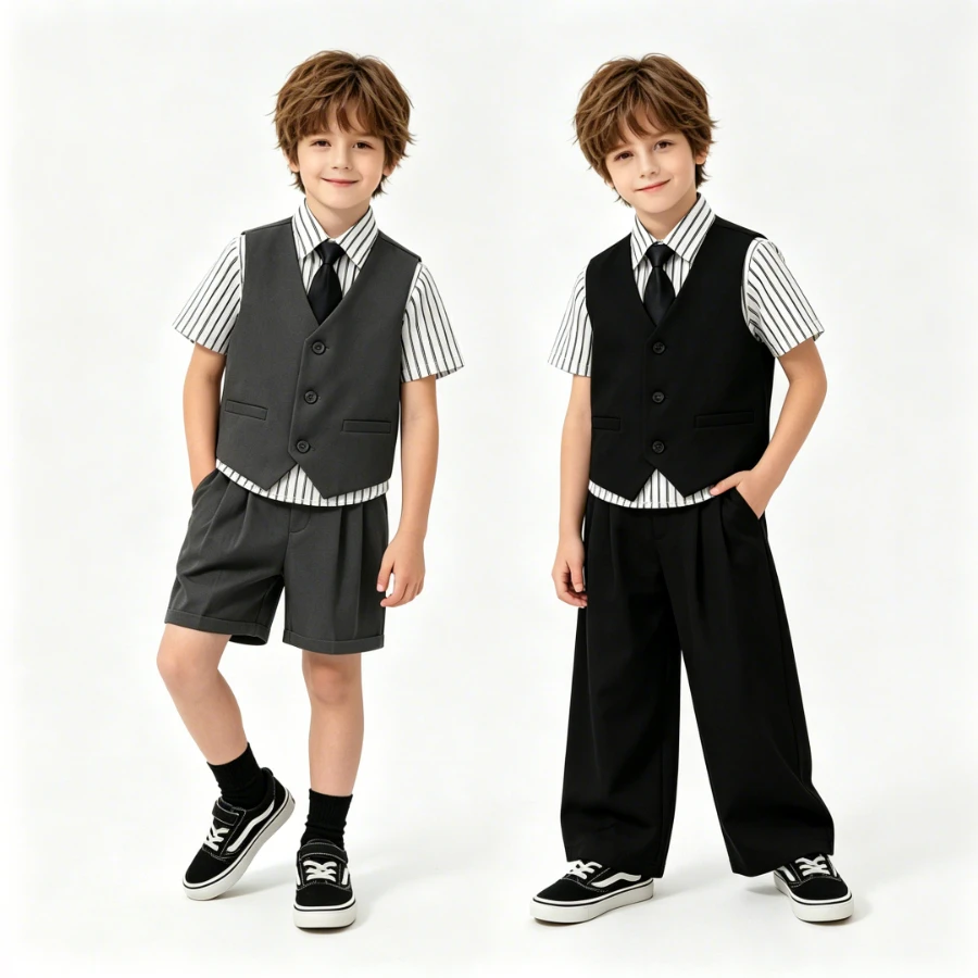 

Boys Vest Suit Set with Striped Shirt & Tie Kids Elegant Preppy School Uniform Outfit for Daily Wear School Wedding Performance
