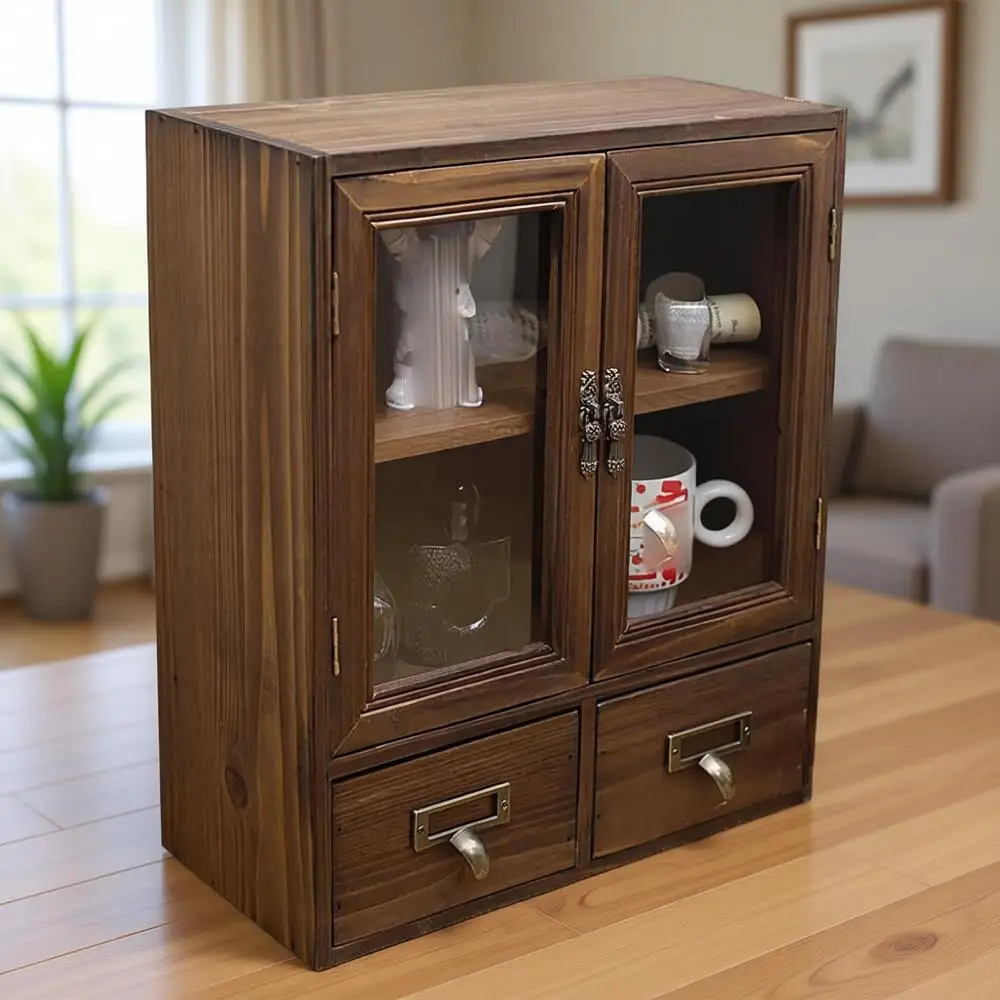 

Винтажный деревянный мини-шкафчик для столешницы со стеклянной дверцей, настенный шкаф для хранения и демонстрации в доме (отделка под обожженное дерево)