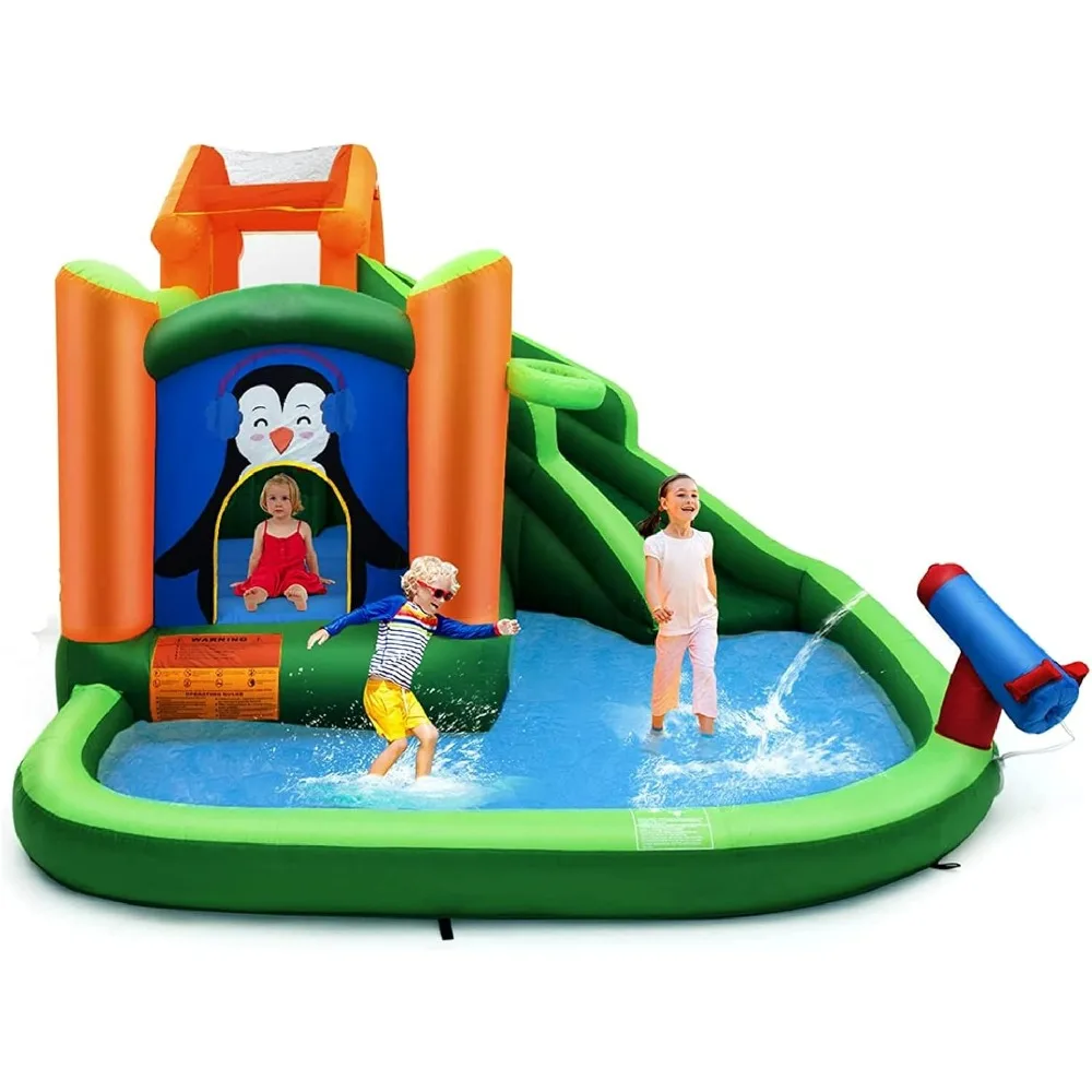 Water Slide Bounce House, Inflatable 6 in 1 Outdoor Bouncy Water Park Splash Pool,  Cannon, Climbing Wall Blowing water slide