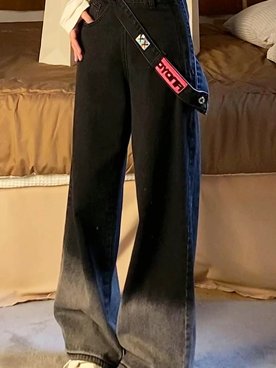 High Waist Side Zipper Gradient American Style Women's Jeans Loose Straight Leg Trousers plus Size Autumn Winter Casual Denim