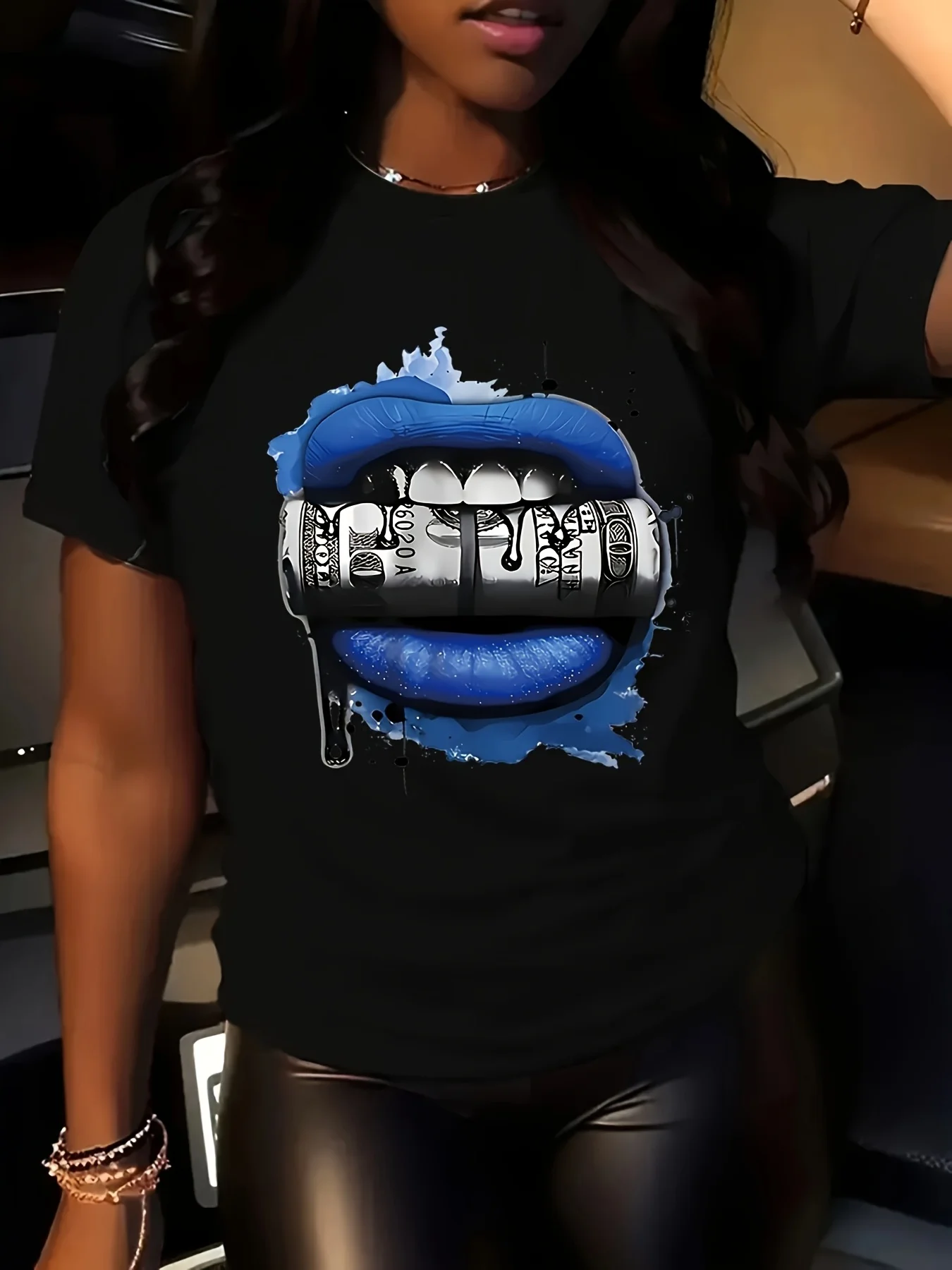 Women's Graphic Crew Neck T-Shirt - Bold Lips Braces Design - Black with Blue Accent Loose Fit Casual Everyday Formal Outfits