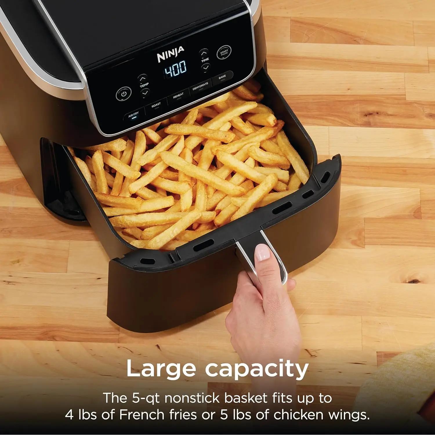 5QT Air Fryer, 5-in-1 (Air Fry, Bake, Roast, Reheat, Dehydrate), Holds up to 4lbs Fries, 400°F, Air Crisp Technology, 1750W, Non