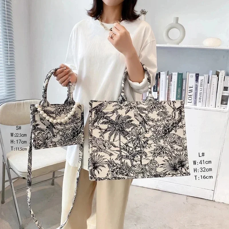 Luxury Brand Designer Handbag 2022 Women Silk scarf Pearl Shopper Beach Bag Jacquard Embroidery Female Canvas Tote Shoulder Bags