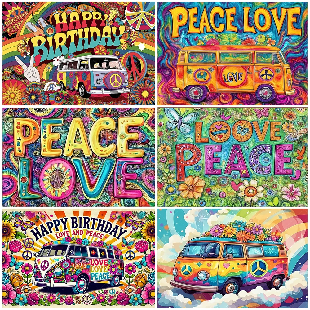 

Bohemian Style Colorful Hippie Bus Theme Birthday Backdrop Peace And Love Party Decorations Tie Dye Banner Vinyl Backdrop Gifts