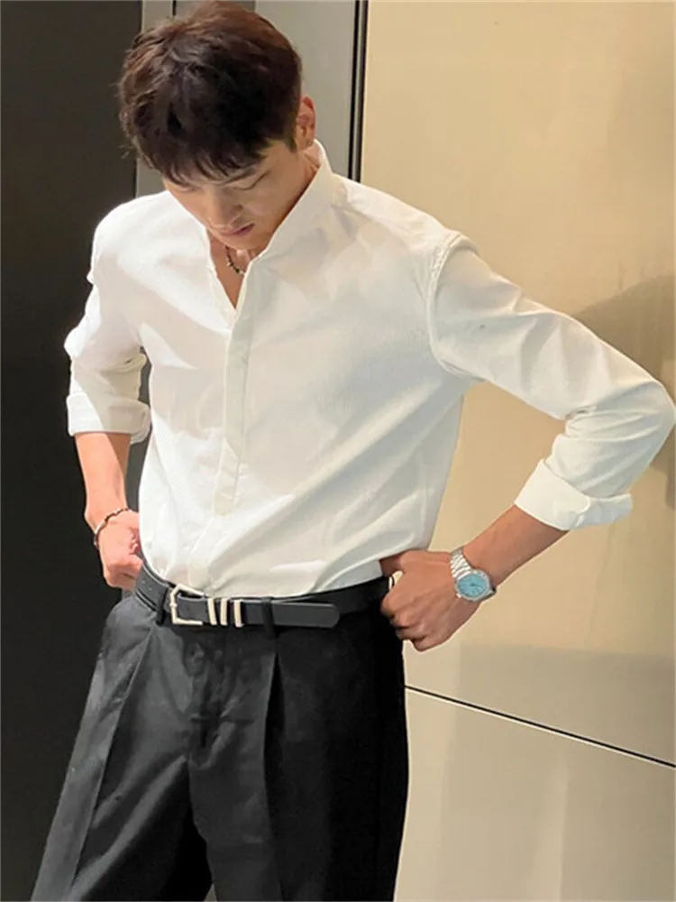 New Chinese Style Luxury Stand Collar Long Sleeve Slim Fit White Marle Shirt High End Feelings Iron Free Men's Business Shirt