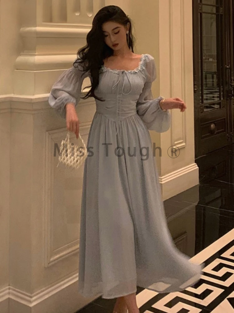 Autumn Chiffon Vintage Elegant Dress Women French Princess Lace-Up Y2k Design Evening Party Dresses Women Solid Chic Clothing