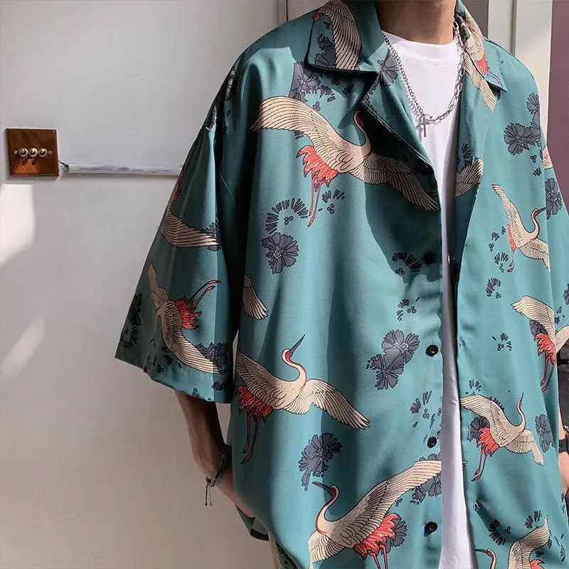 

5-sleeve Retro Shirt Men's Korean Fashion Summer Hawaii Printing Crane Short Sleeve Shirt Casual Thin Floral Dress Blouse Men