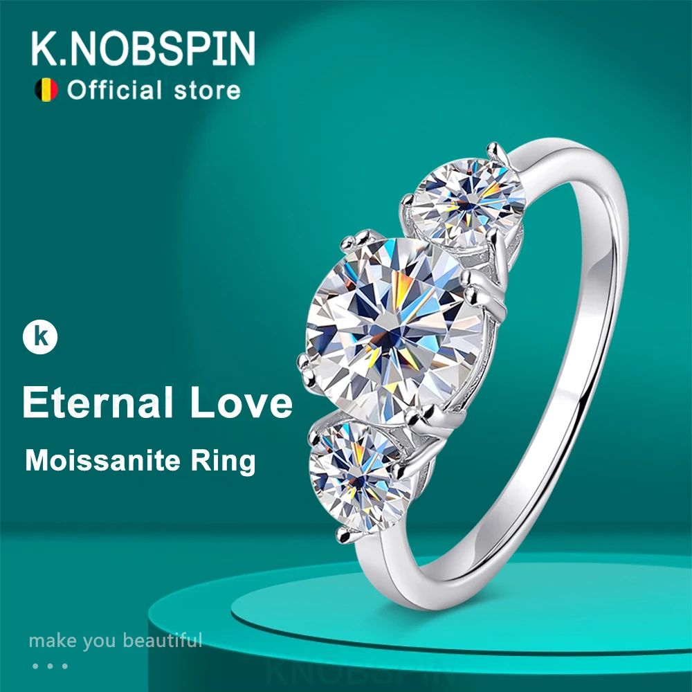 KNOBSPIN D VVS1 Moissanite Ring Original 925 Sterling Silver Plated 18k White Gold Eternity Band with GRA Wedding Ring for Women