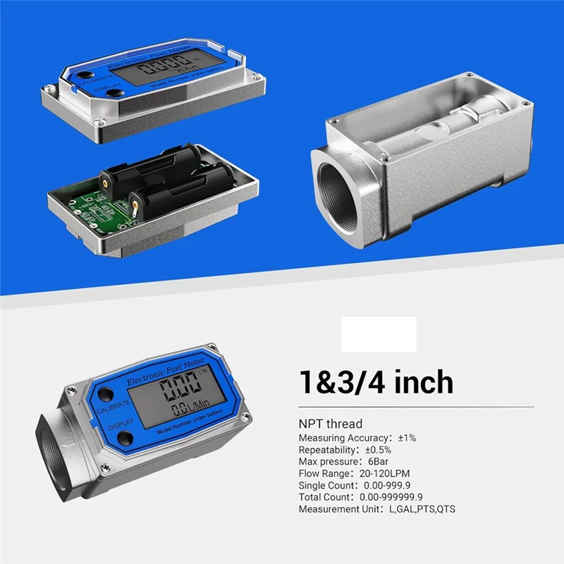 AB46-1 Inch Fuel Flow Meter With 3/4 Inch Adapters, Digital Turbine Flow Meter 2.5-31 GPM Inline NPT Thread Dieselflow Meter