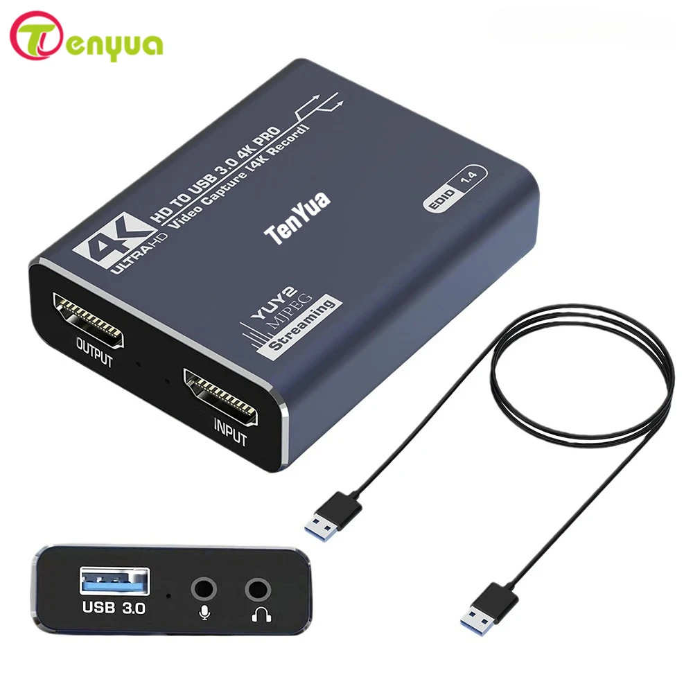 With HD Capture Card TV Box Adapter 4K 60Hz 1080P USB3.0 HDTV Video Recorder Grabber for PS4 OBS Game Audio Mic Live Streaming