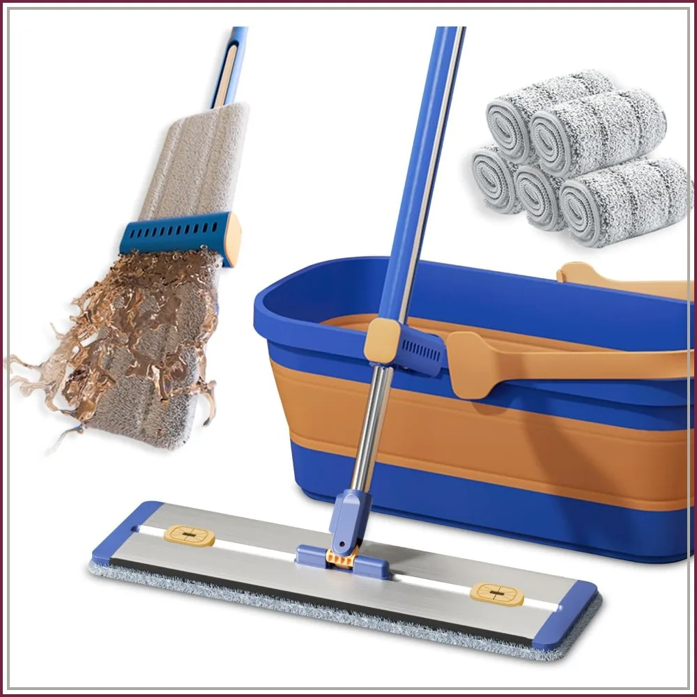 

16.5" Self-Wringing Flat Mop with Collapsible Bucket, Wet Dry Floor Cleaner System, 55" Long Handle, 5 Microfiber Pads for Hardwood, Tile & Wall