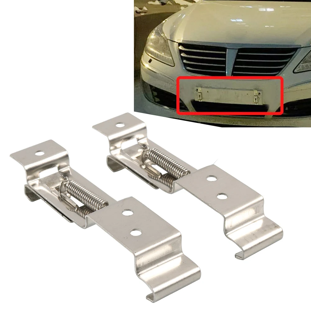 2Pcs License Number Plate Frame Holder Clips Spring Loaded Bracket Stainless Steel Silver