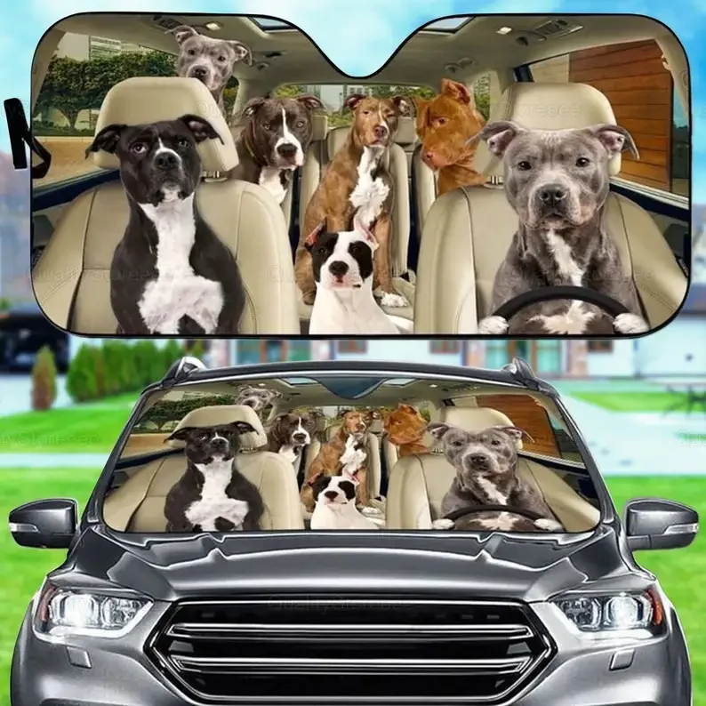 Pitbull Car Sunshade, Dogs Family Sunshade, Dog Car Accessories, Car Decoration, Gift For Dad, Mom, Gift Owner Dog