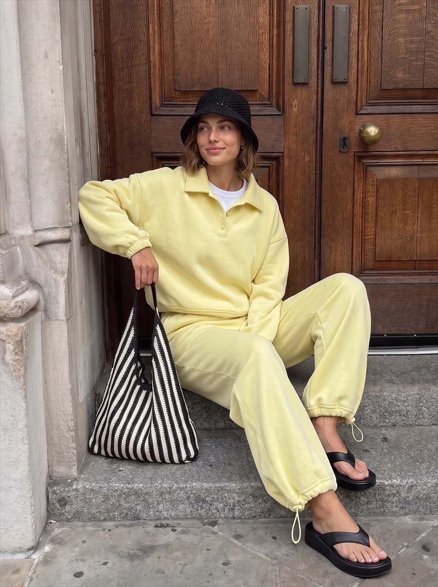Hirsionsan 2026 Cross border Yellow Hooded Zipper Hoodies Set Casual Cardigan Drawstring Wide Leg Sport Pants Two Pieces Set image 5