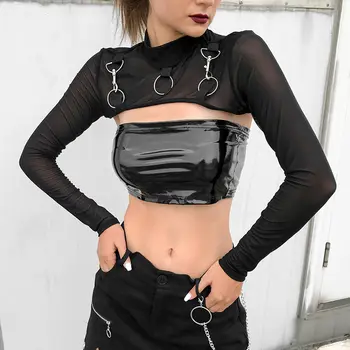Kadınlar seksi kırpma üst gotik Lady mikro kısa Metal zincir dantel saydam örgü uzun kollu yüksek balıkçı yaka T-Shirt mahsul Y2k Tops