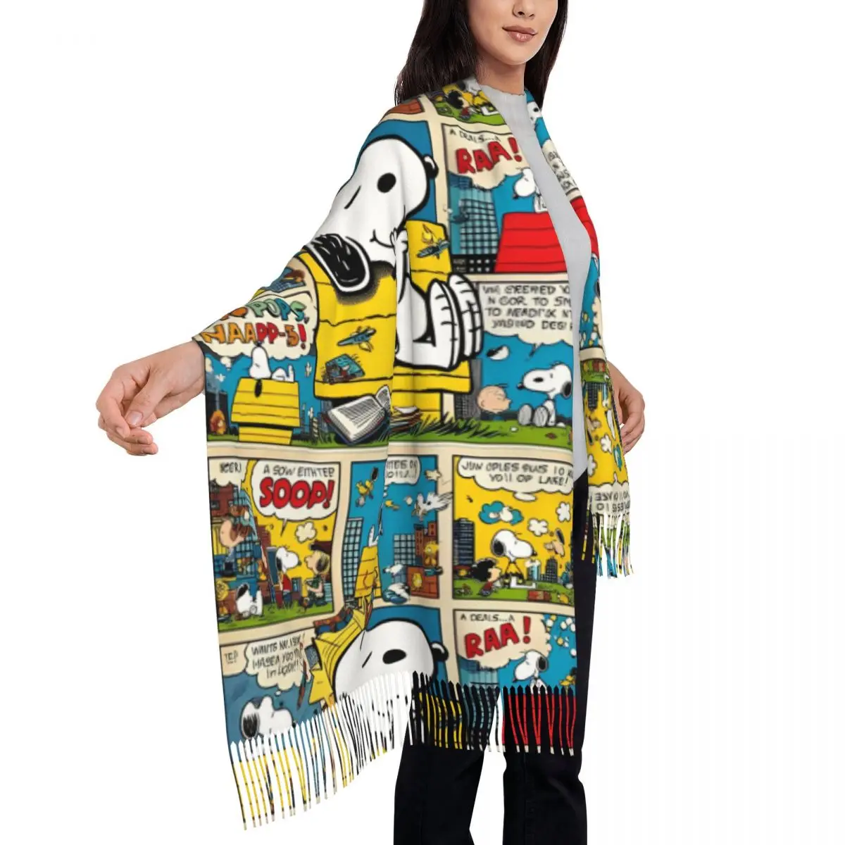 Womens Tassel Scarf Peanuts Comic Characters Snoopy Large Super Soft Shawl and Wrap Cartoon Animals Gifts Cashmere Scarf