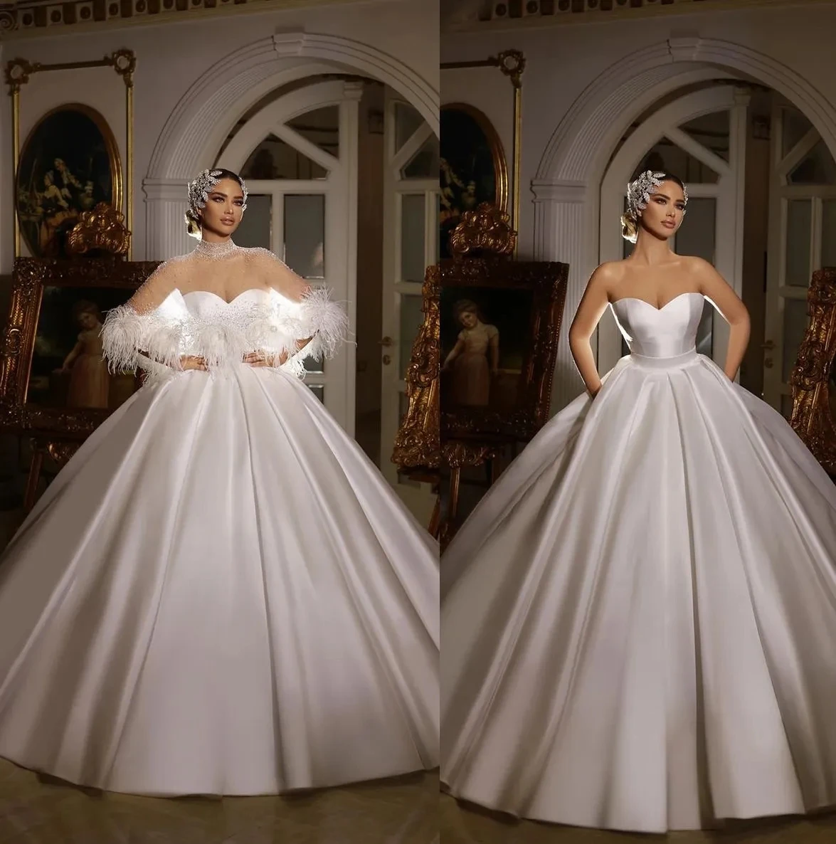 Graceful Strapless Wedding Dresses Removeable Cape Feather Bridal Ball Gowns Custom Made Vestido De Novia