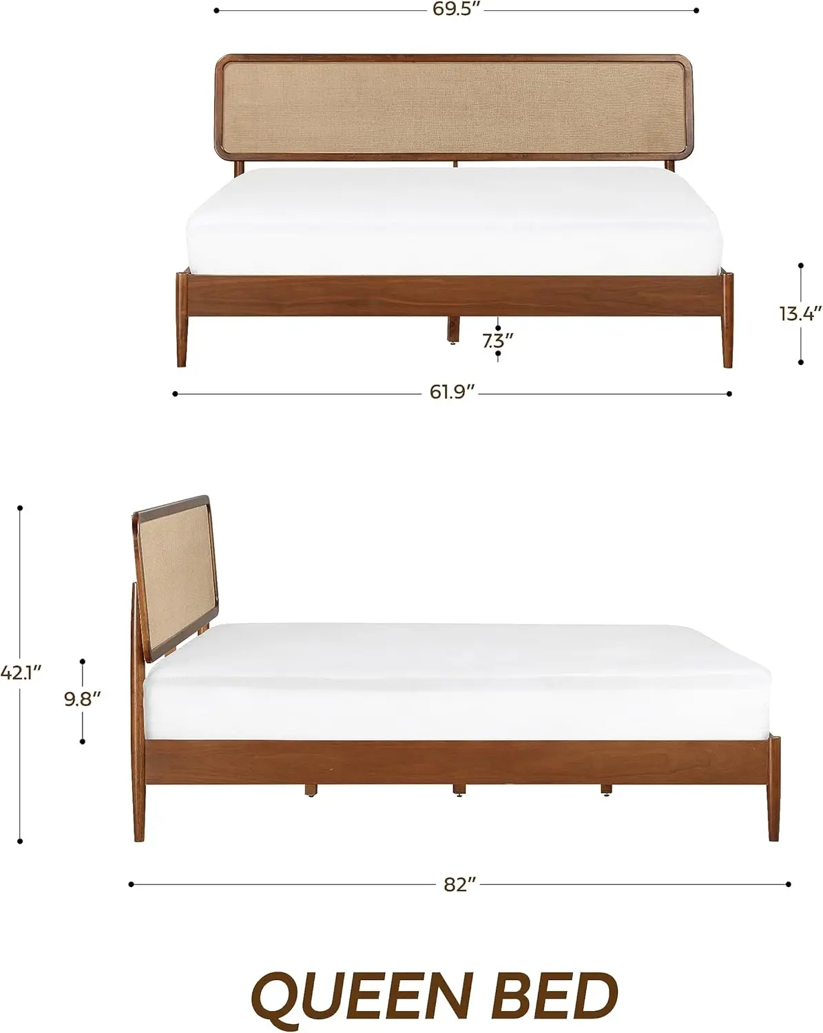 

Lupin Wooden Bed Frame with Headboard, Crafted from Walnut, Rubber Wood