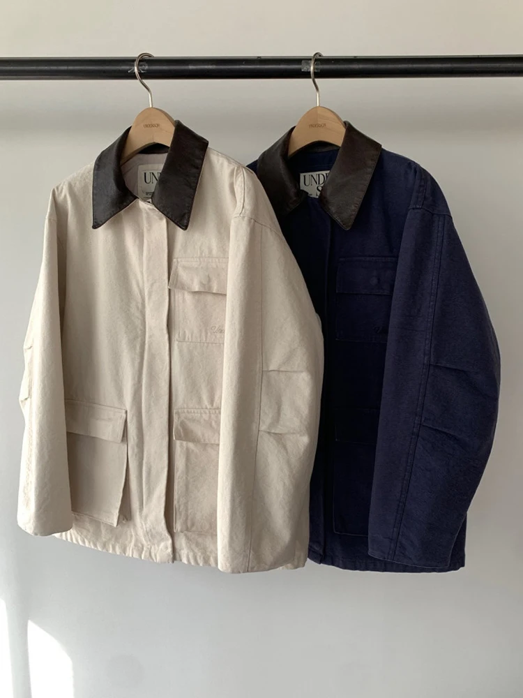 Retro Chic Cuoio DELL'UNITÀ di elaborazione di Lavoro Jaet delle Donne Allentato Vestibilità Con Colletto Multi-ket Tuta Sportiva Autunno Nuovo Sle Colore Blo Cappotto Delle Signore