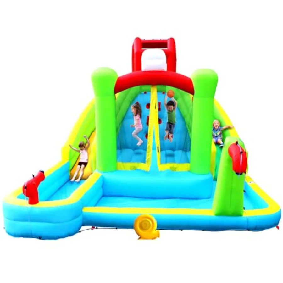 

Надувной дом для прыжков с двойными горками и стеной для скалолазания. Большая зона для прыжков для баскетбольных развлечений. В комплект входит встроенный вентилятор.