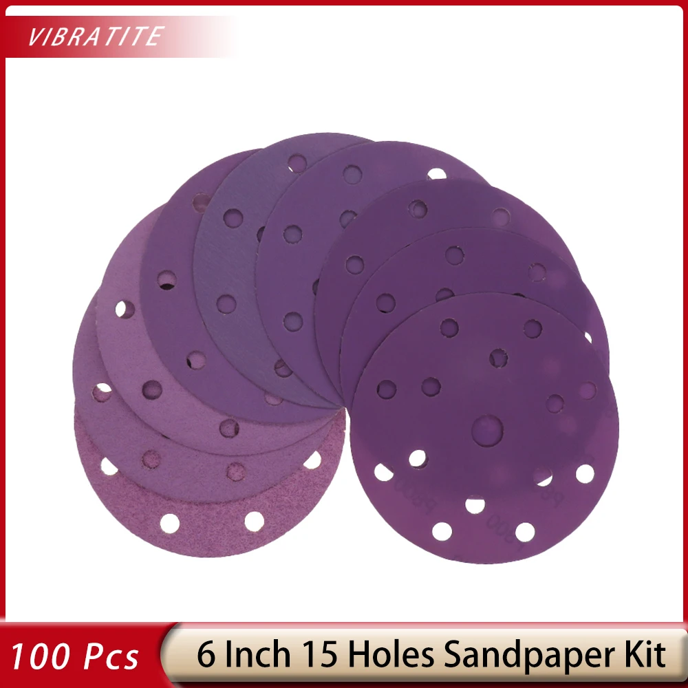 100 PCS 6 Inch 15 Hole Sanding Discs 60-800Grit Assorted Professional Sandpaper Hook&Loop Random Orbital Sander Round Sandpaper