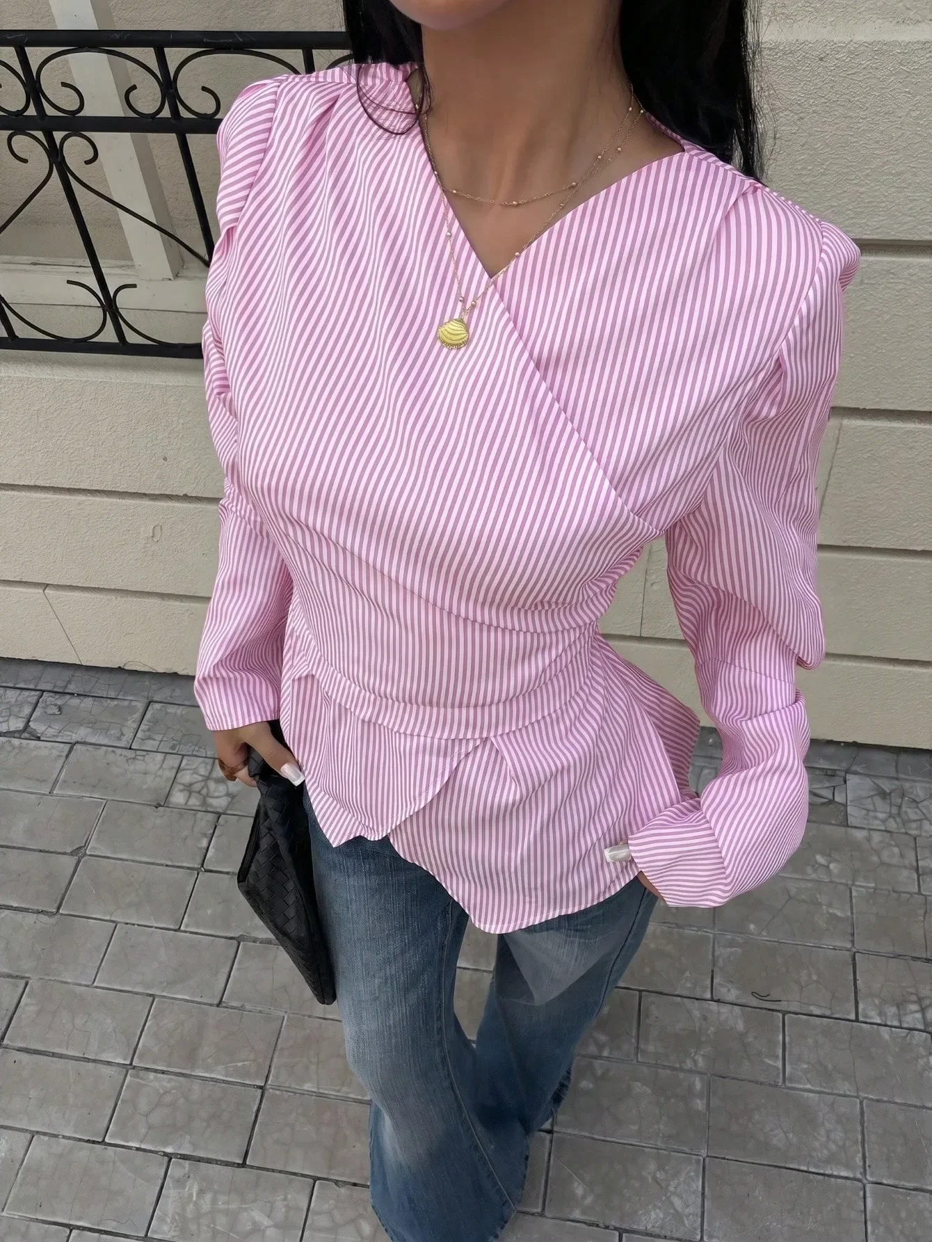 Women Fashion Style Striped Wrap Shirt V Neck Puff Long Sleeve Tie Waist Peplum Blouse 2026 New Casual Slim Fit Top