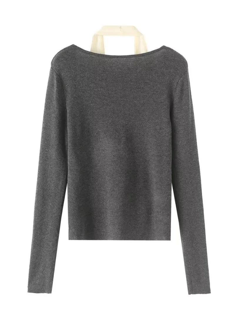 Donna 2024 Inizio Autunno Colore a contrasto Falso in due pezzi Appeso al collo Manica lunga Vita stretta Sottile Pullover lavorato a maglia LOLV