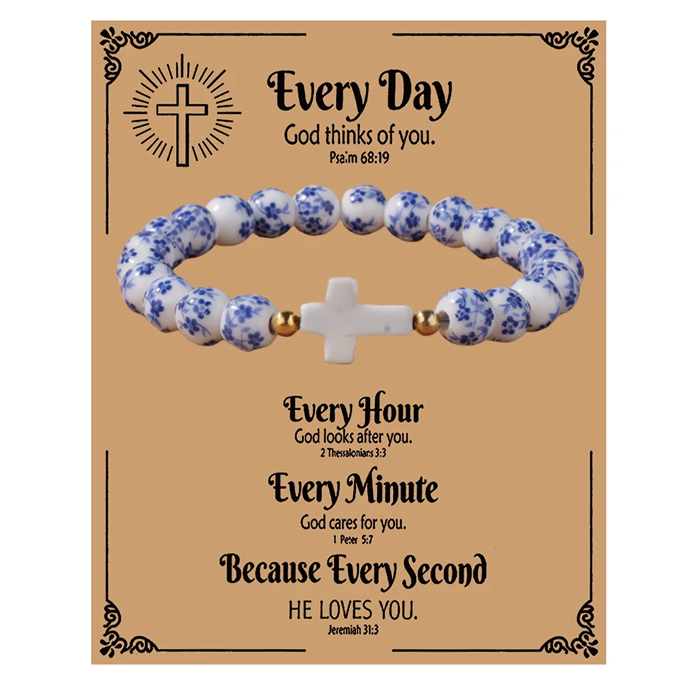 Pulseras cruzadas para hombres y mujeres, brazaletes de cuentas con estampado de flores de cerámica, accesorios para festivales cristianos, trajes de vacaciones, tarjeta de Jesús wwjd