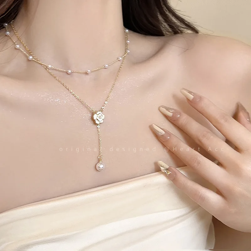 New Fashion Unique Design Elegant Exquisite Double Tassel Pearl Camellia Necklace Women Jewelry Party Premium Gift Wholesale