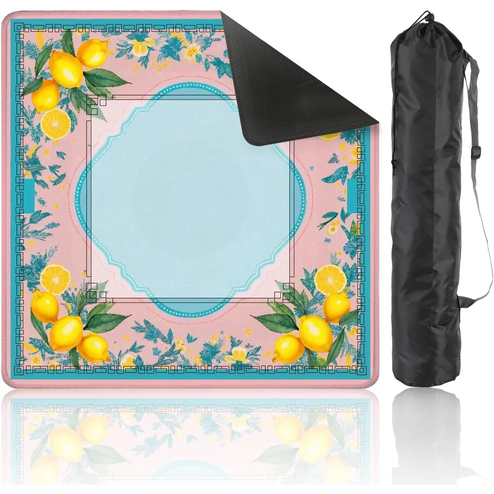 Neoprene 3mm Mahjong Mat Luxury 31.5 Inch Lemon Floral Frame Turquoise Pink Non Slip Noise Reduction for Mahjong Poker